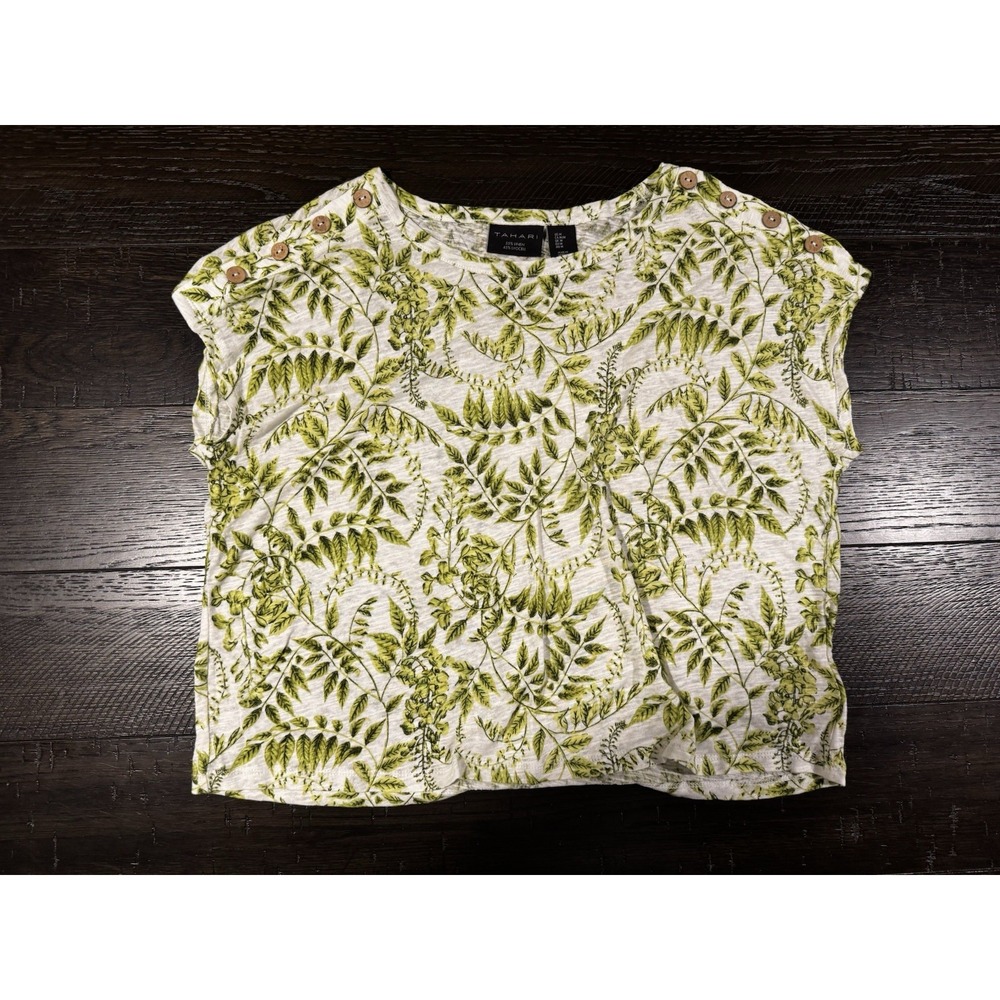 Tahari Women Shirt M Linen White Green Botanical Leaf Print Cap Sleeve Tropical